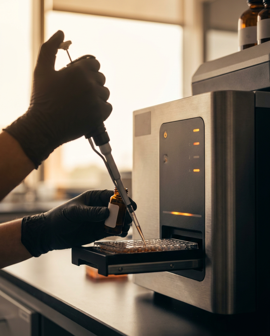 Scientist performing independent third-party batch testing in a laboratory